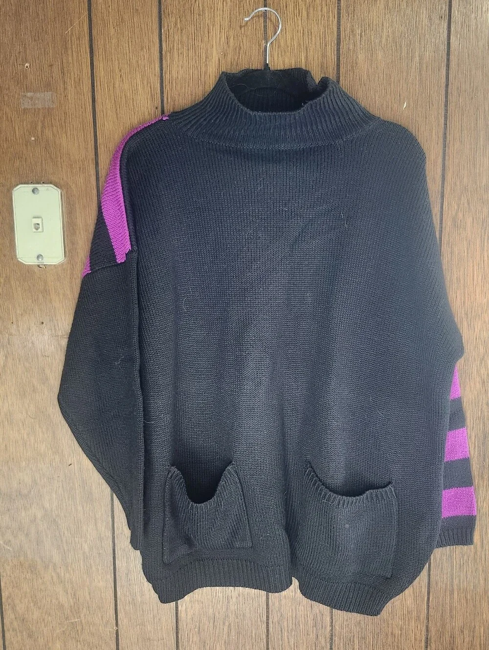 Esprit Sport Vintage Black & Magenta Oversized M-XL Mock Neck Sweater 80s Vintag